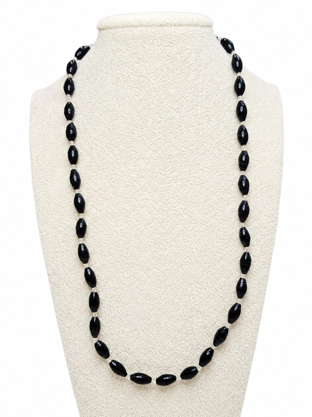 Vintage Black Glass Bead Necklace Black Oval Beads Minimalist Beaded Necklace